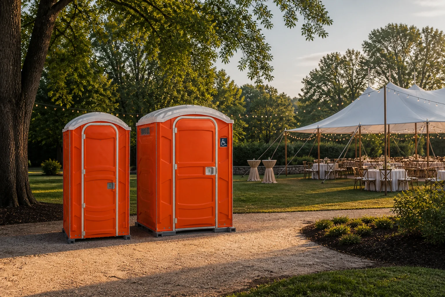 Portable restrooms beside an outdoor wedding reception