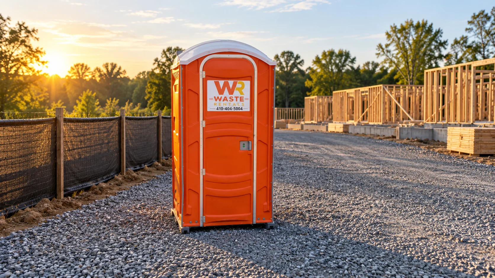Orange Waste Rentals portable toilet beside a clear gravel lane at a fenced construction site